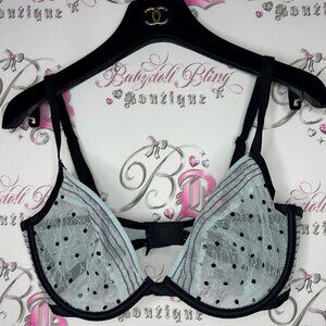 Victoria secret bra low cut Demi light blue black polka dot dotted mesh bustier